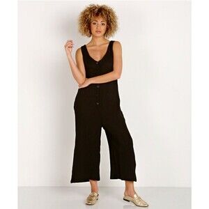 LACAUSA Elderflower Cotton Blend Black Button Up Cropped Jumpsuit Tar Size XS